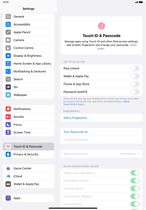 Press Turn Passcode On and key in a lock code of your own choice twice.