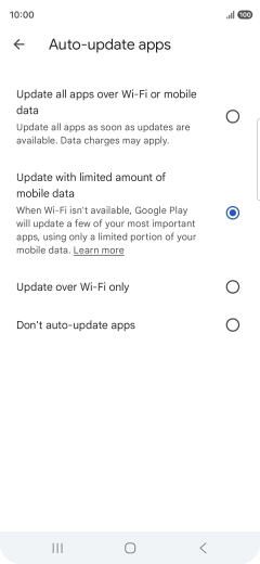 To turn on automatic update of apps using mobile network, press Update all apps over Wi-Fi or mobile data.