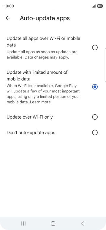 To turn on automatic update of apps using mobile network, press Update all apps over Wi-Fi or mobile data.