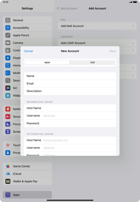 Press Username and key in the username for your email account.