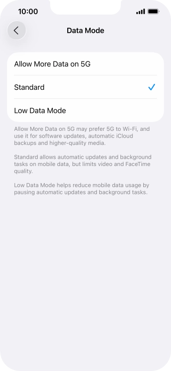 Press the required setting.
