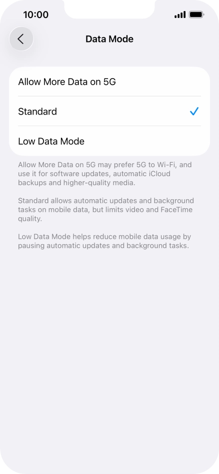 Press the required setting.