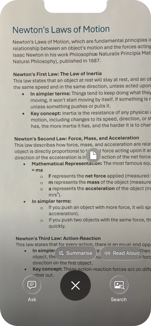 To use visual intelligence on a text, take a picture of the text, press the required setting and follow the instructions on the screen to use the function.