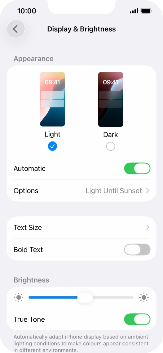 If you turn on the function, press Options and follow the instructions on the screen to select the required period of time for Dark Mode.