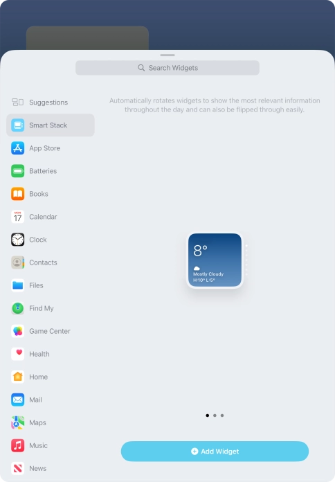 Slide your finger right or left on the screen to select the required widget size.