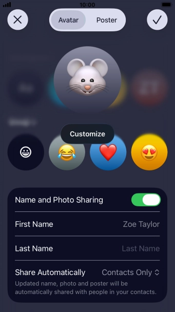 Press the name fields and follow the instructions on the screen to edit your name on the Contact Poster.