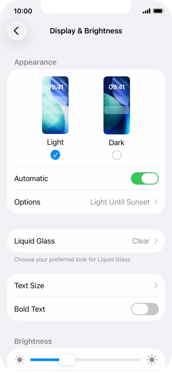 If you turn on the function, press Options and follow the instructions on the screen to select the required period of time for Dark Mode.