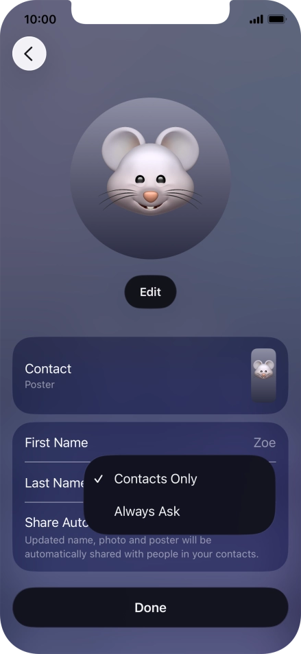 Press the required setting.