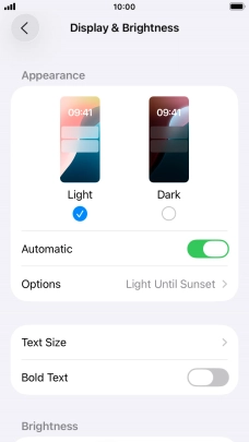 If you turn on the function, press Options and follow the instructions on the screen to select the required period of time for Dark Mode.