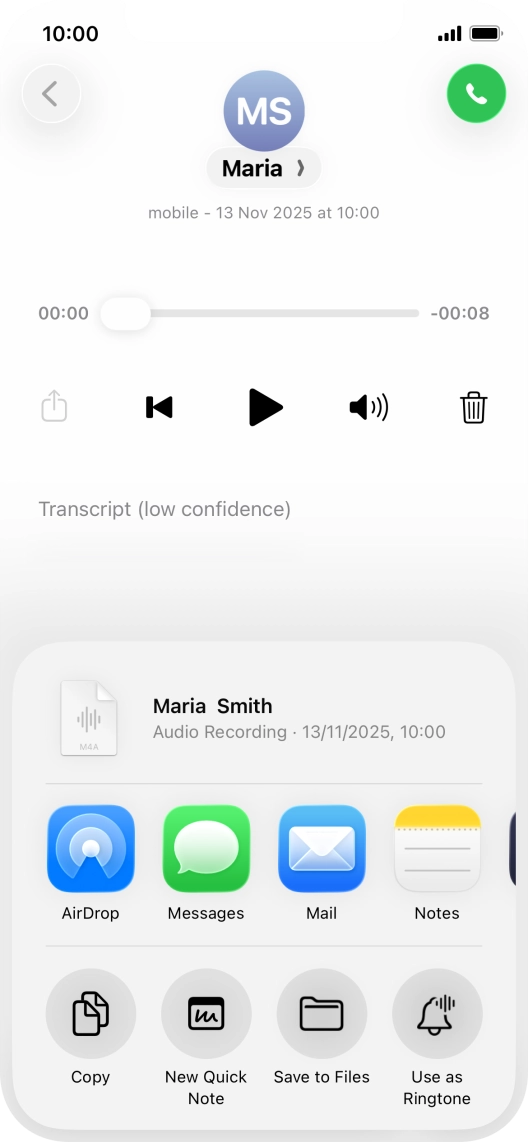 Press the required setting and follow the instructions on the screen to share or save the message.