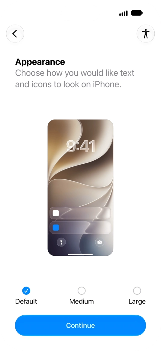 Select the required text and icon size on your phone and press Continue.