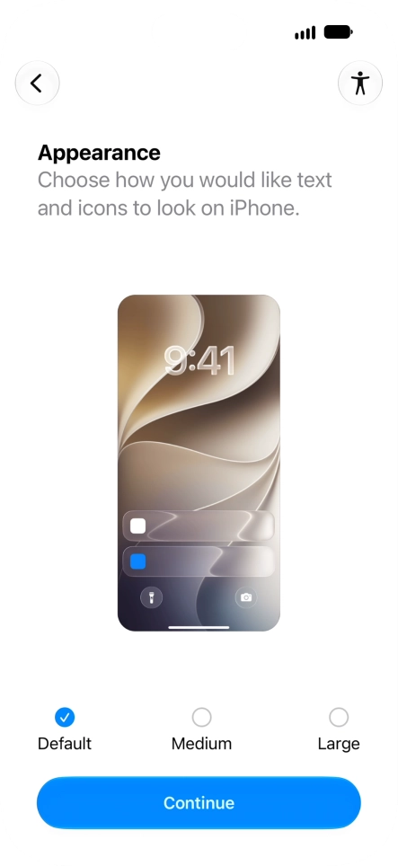 Select the required text and icon size on your phone and press Continue.