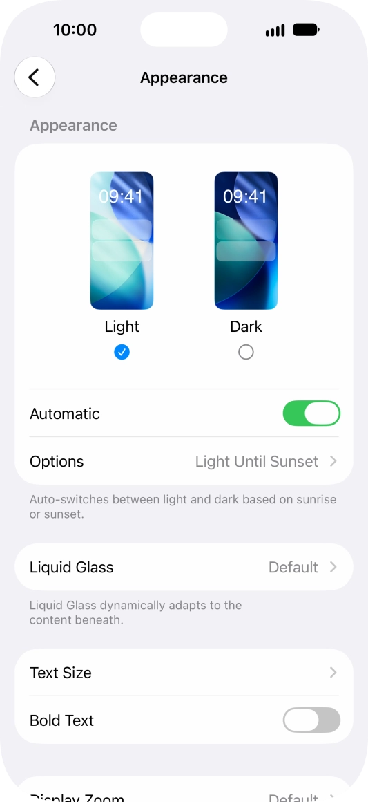 If you turn on the function, press Options and follow the instructions on the screen to select the required period of time for Dark Mode.