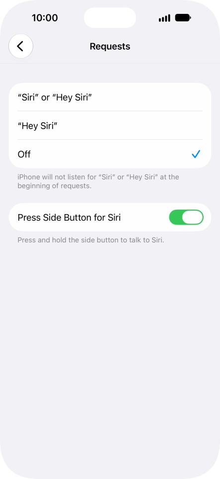 Press the required setting to turn the function on or off. If you turn on the function, you need to follow the instructions on the screen to set up Siri to recognise your voice.