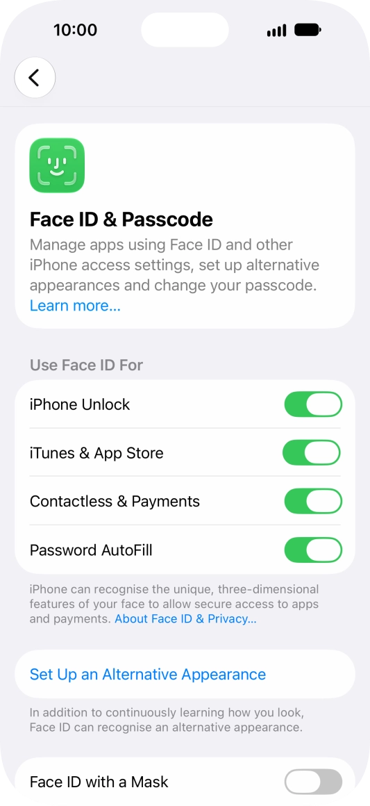 Press the indicators next to the required settings to turn them on or off.