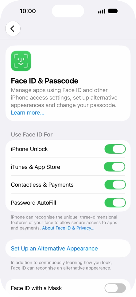 Press the indicators next to the required settings to turn them on or off.