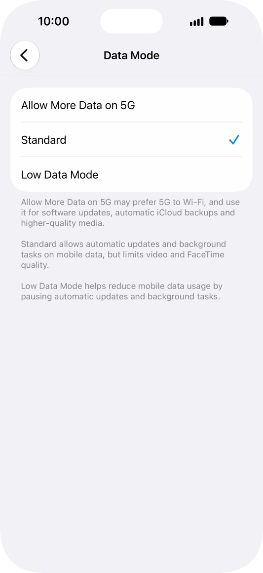 Press the required setting.