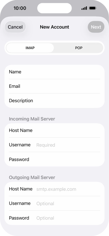 Press Username and key in the username for your email account.