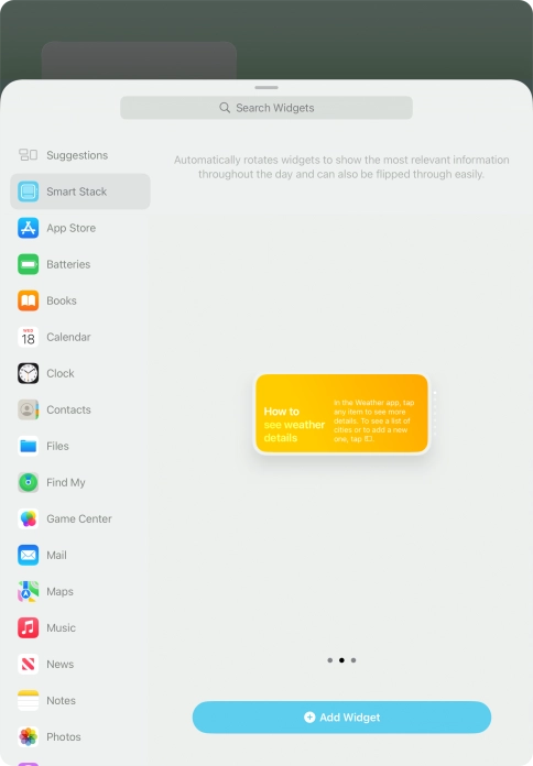 Slide your finger right or left on the screen to select the required widget size.