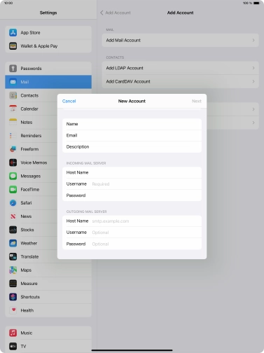Press Username and key in the username for your email account.