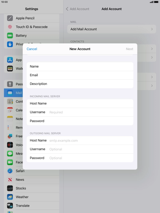 Press Username and key in the username for your email account.