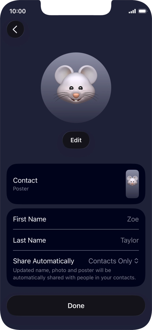 Press the name fields and follow the instructions on the screen to edit your name on the Contact Poster.