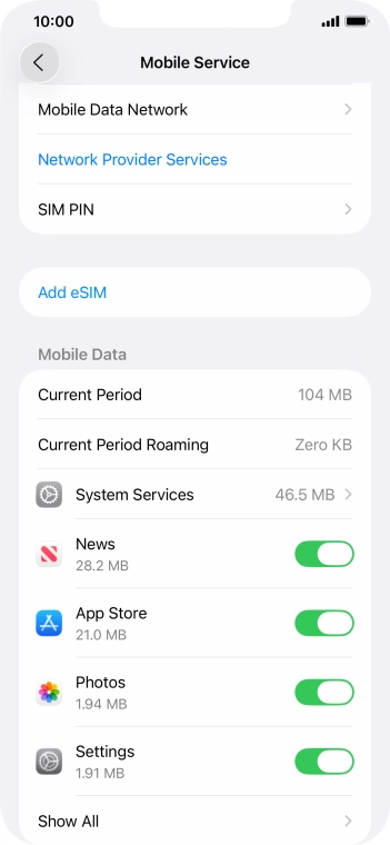 Press the indicators next to the required applications to turn the function on or off.