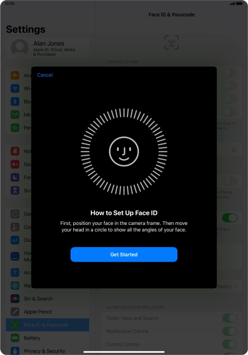 Press Get Started and follow the instructions on the screen to set up Face ID.