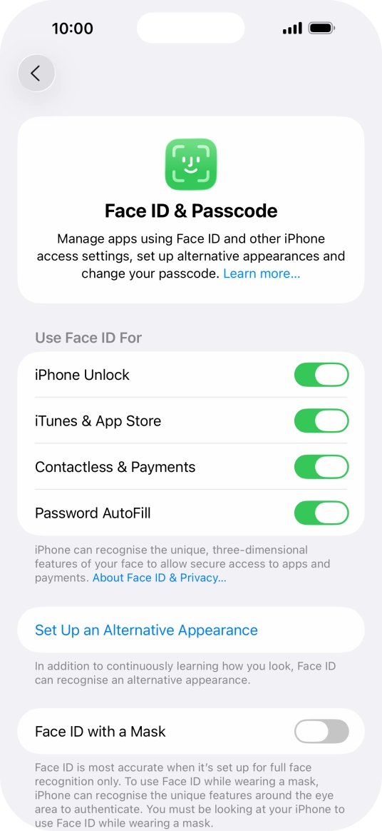 Press the indicators next to the required settings to turn them on or off.