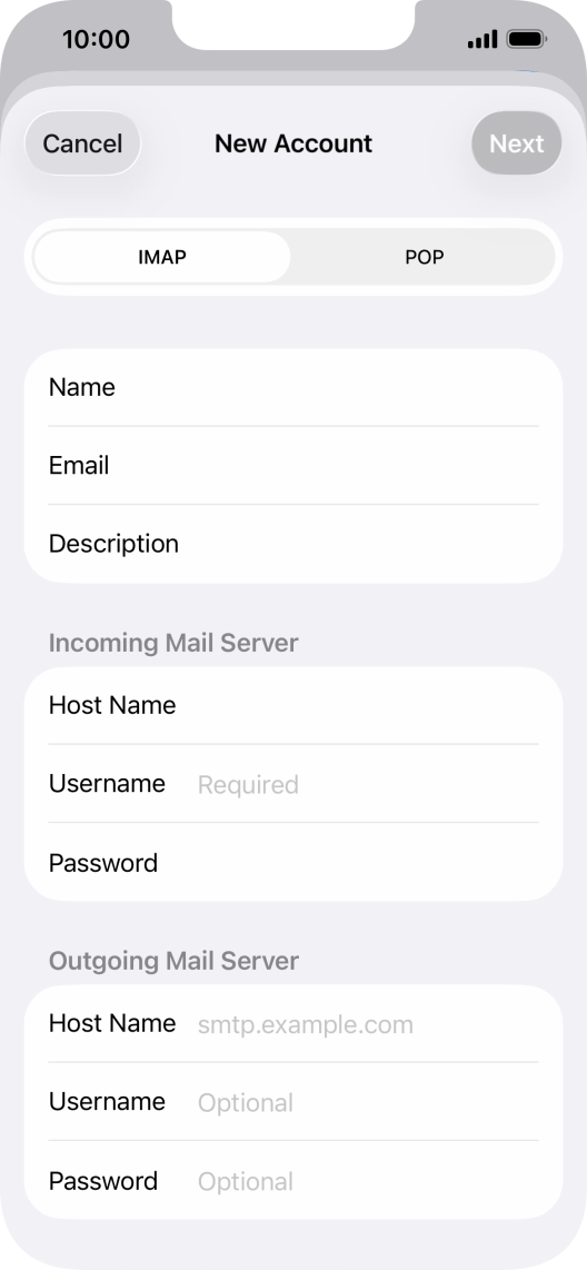 Press Username and key in the username for your email account.