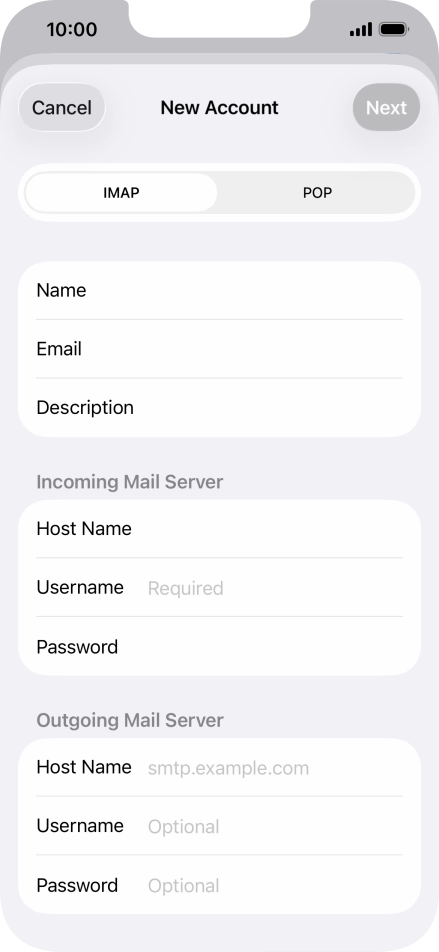Press Username and key in the username for your email account.
