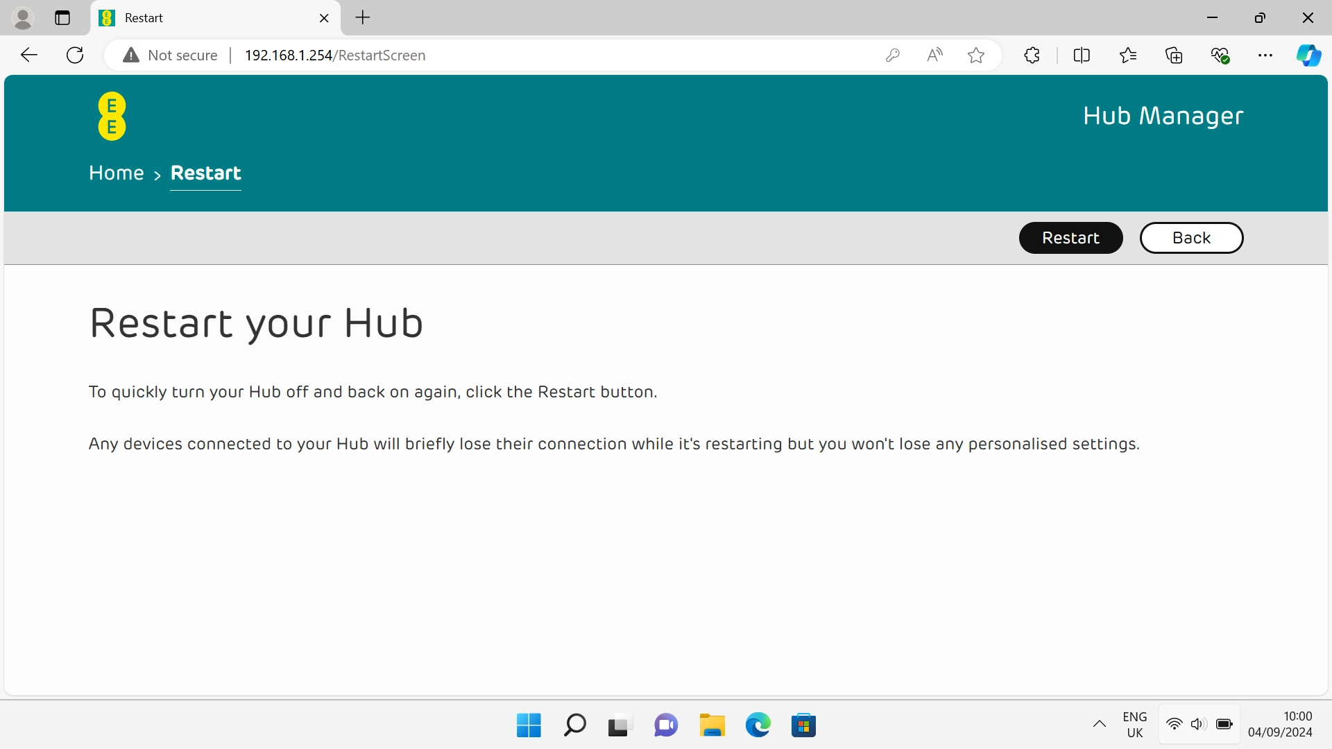 In Restart the Hub, you can restart your router.