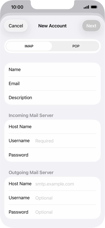 Press Username and key in the username for your email account.