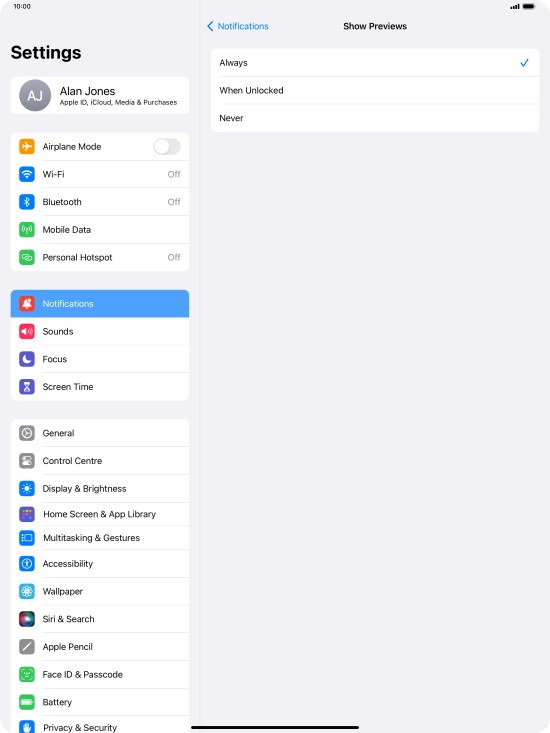 To select notification preview on the lock screen, press Always.