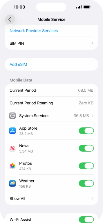 Press the indicators next to the required applications to turn the function on or off.