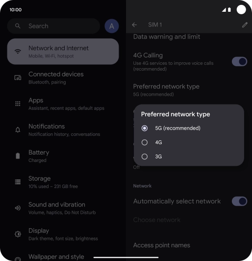 Press the required network mode.