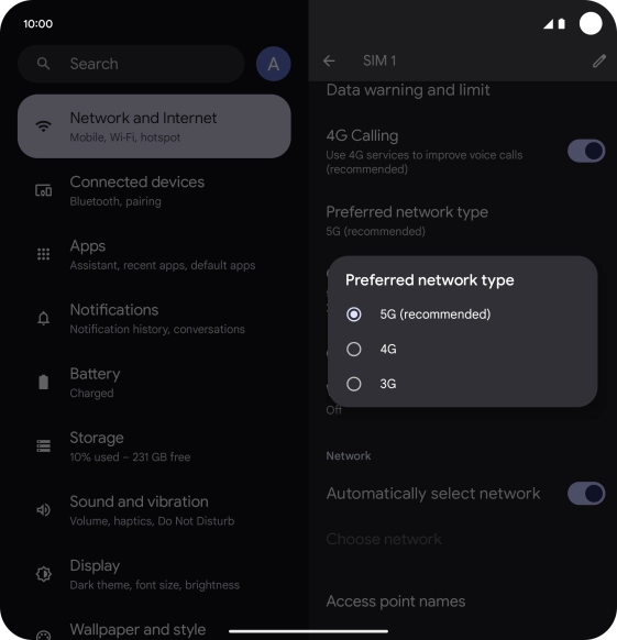 Press the required network mode.