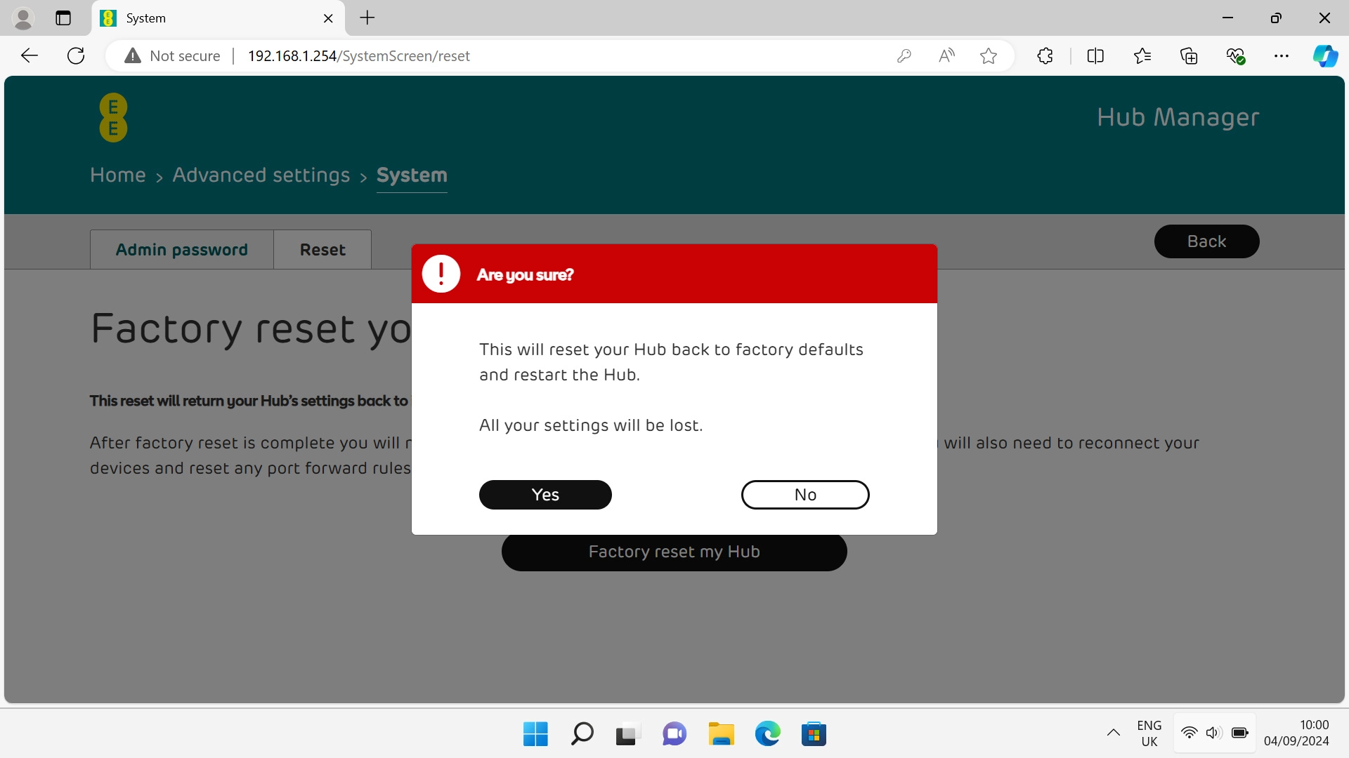 Click Yes and wait while your router restores the factory default settings.
