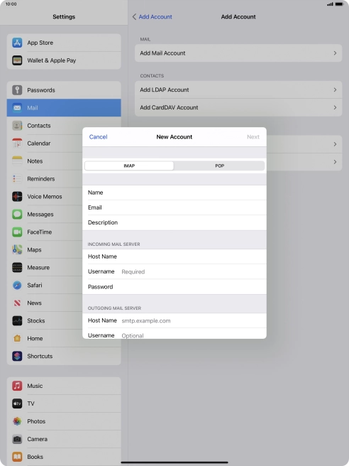 Press Username and key in the username for your email account.