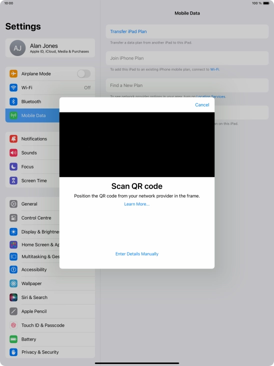 Place the QR code you've received inside the tablet camera frame to scan the code.