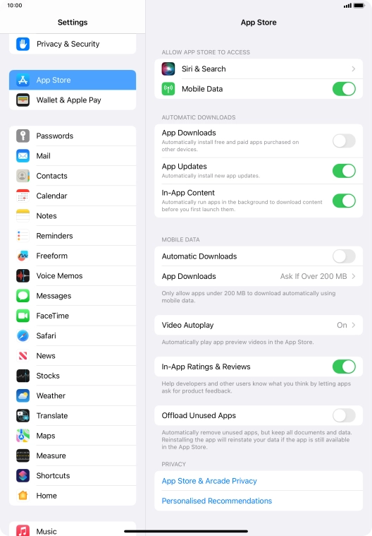Press the indicators next to the required content types to turn the function on or off.