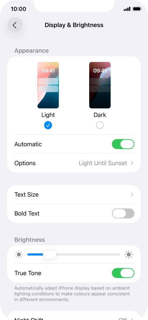 If you turn on the function, press Options and follow the instructions on the screen to select the required period of time for Dark Mode.
