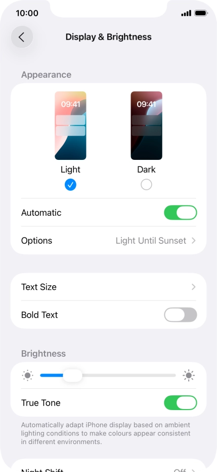 If you turn on the function, press Options and follow the instructions on the screen to select the required period of time for Dark Mode.