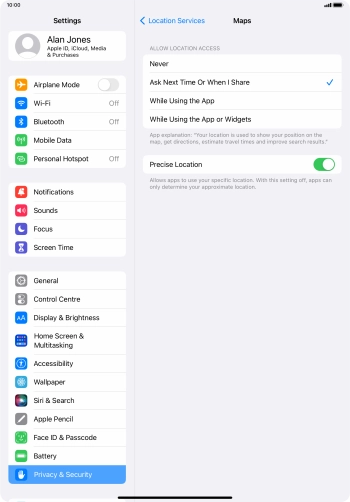 Press the required setting to turn the function on or off.