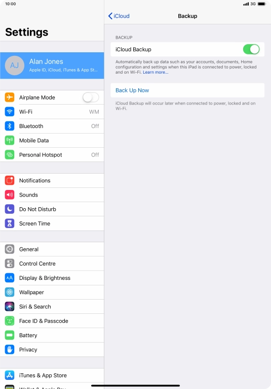 Press Back Up Now and wait while the tablet memory is backed up.