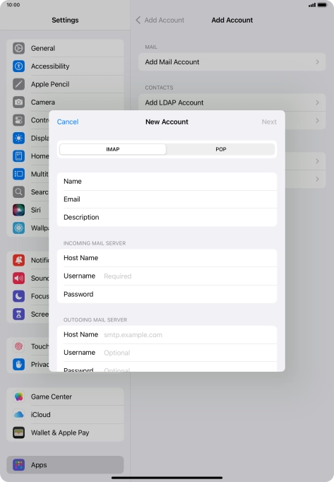 Press Username and key in the username for your email account.