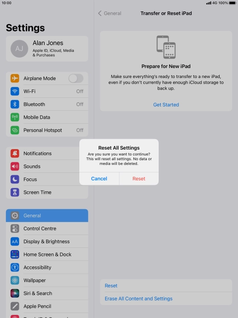 Press Reset. Wait a moment while the factory default settings are restored. Follow the instructions on the screen to set up your tablet and prepare it for use.