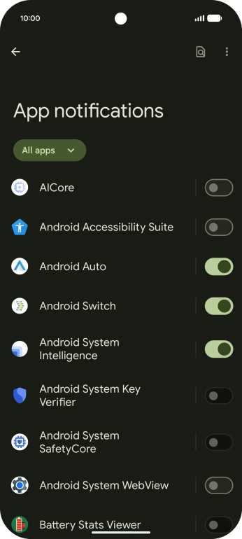 Press the indicator next to the required apps to turn the function on or off.