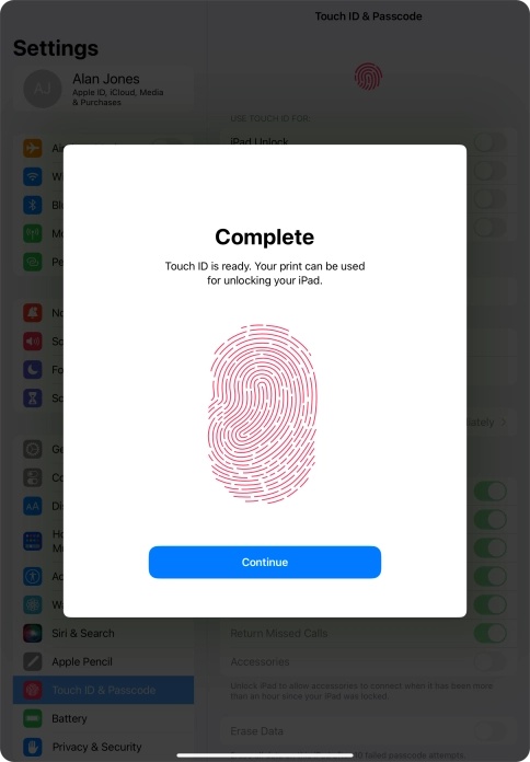 Press Continue. If you haven't previously selected a lock code, key in a code of your own choice twice.