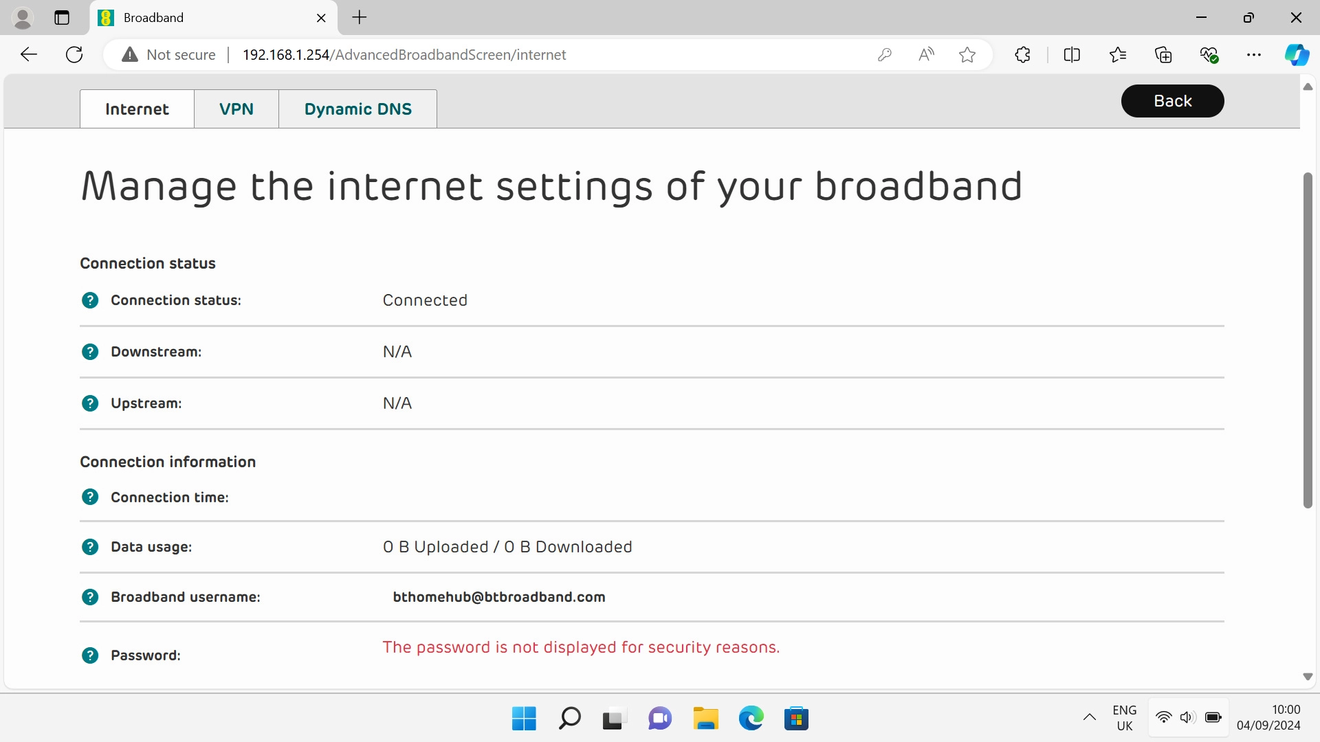 The internet connection information is displayed.